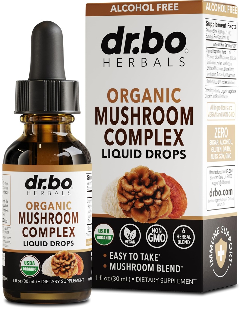 Organiska lejon Mane Mushroom Complex - Mushroom Supplement Liquid Drops Tincture för Focus, Fog, Brain Health Supplements - Vegan, Herbal Organic Lion's Mane Mushrooms, Reishi, Turkiet Tail Extract 1oz