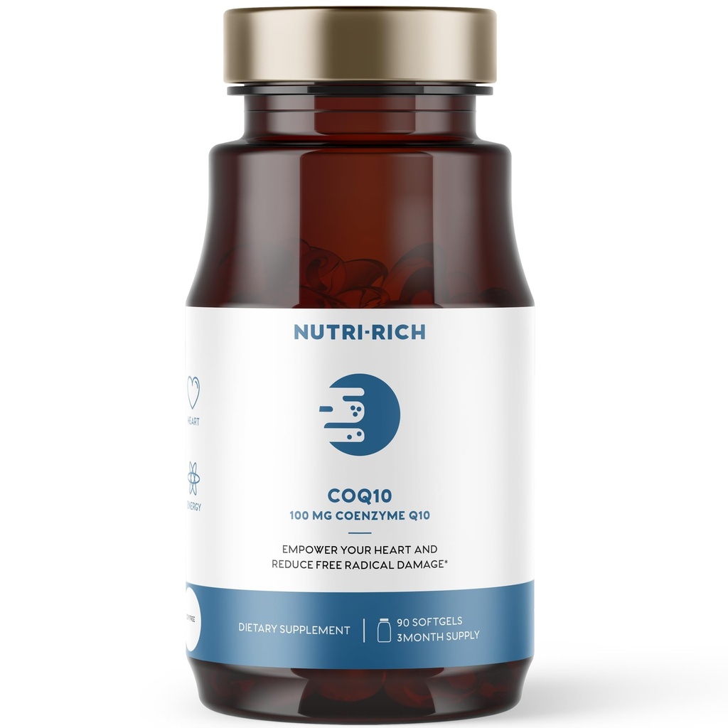 Nutri-Rich CoQ10 Softgels, Coenzyme Q10 Ubiquinone för hjärta och energi, statinanvändning och cellulär hälsa, tredje part testad, GMP-kvalitet, inga artificiella tillsatser, ingen soja, glutenfri, 90 greve