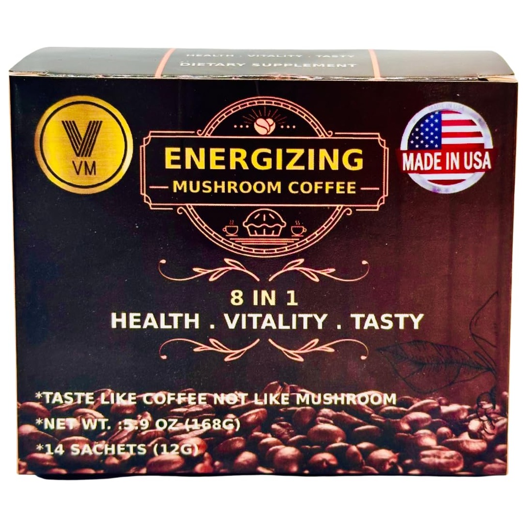 VM Energizing Mushroom Coffee-Reishi med Ginseng & Carbo Mix-Instant kaffe. Naturligt Ganoderma med omedelbar kafé.Dietary tillskott.8-i-1 Mushroom Coffee. Blanda kaffe ekologisk klassiker. Tillverkad i USA.(14) SS S
