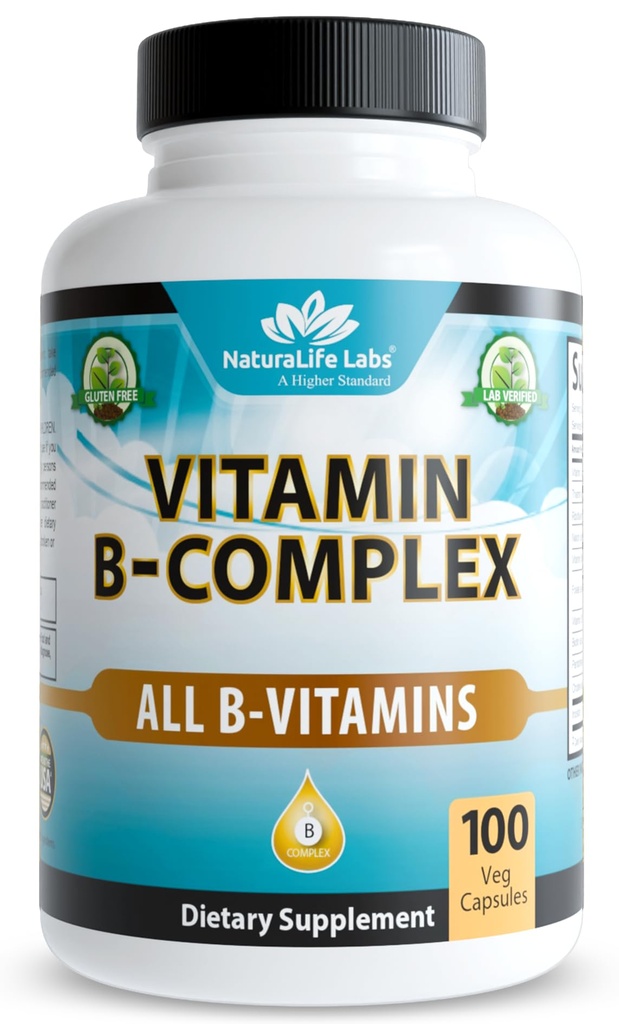 NaturaLife Labs Vitamin B-Complex med vitamin C - Inkluderar aktiv B2 (Riboflavin-5-fosfat), B6 (Pyridoxal-5-fosfat), B9 (5-MTHF) och B12 (Methylcobalamin); plus B1, B3, B5 och B7 - 100 kapslar