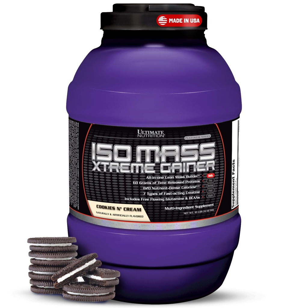 Ultimate Nutrition ISO Mass Xtreme Gainer - High-Calorie Mass Gainer med Creatine & Whey Isolate Protein Powder för viktökning, Lean Muscle Mass, Bulk Supplement - Cookies N Cream, 10lbs
