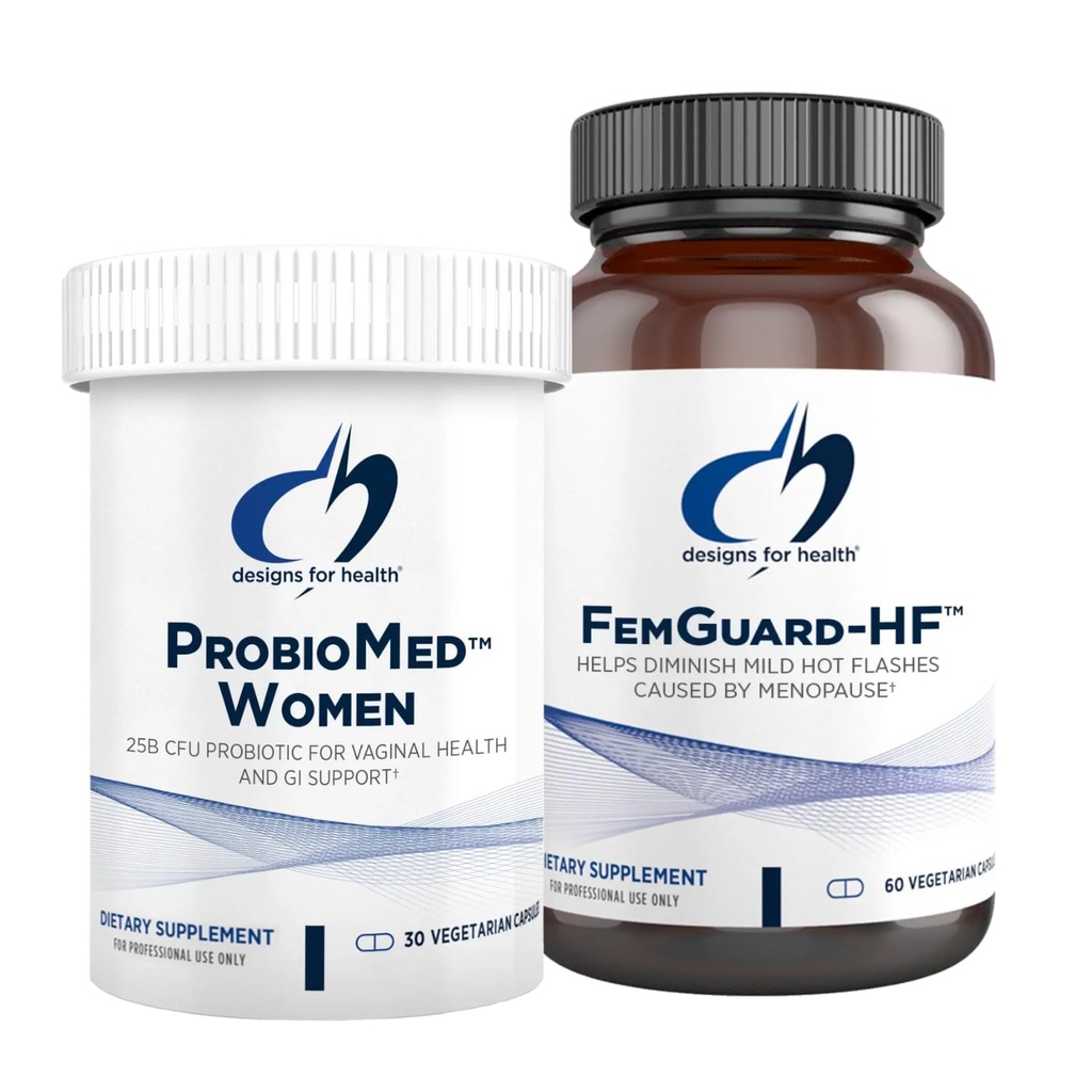 Designs for Health Hot Flash & Vaginal Support Probiotic Bundle - FemGuard-HF (60 kapslar) för att hjälpa till att minska milda klimakteriet Hot Flashes + ProbioMed Women (30 kapslar) Gut & Vaginal Probiotic
