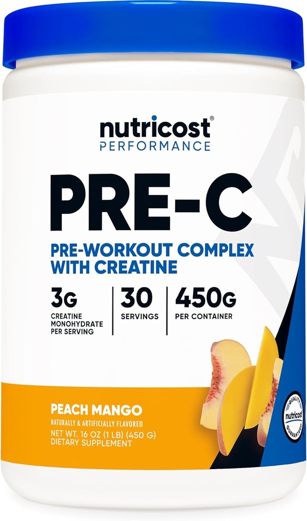 Nutricost Pre-C Pre-Workout Complex med kreatin (Peach Mango | 30 portioner) Pulver - Boost Fintess Routines, 450g