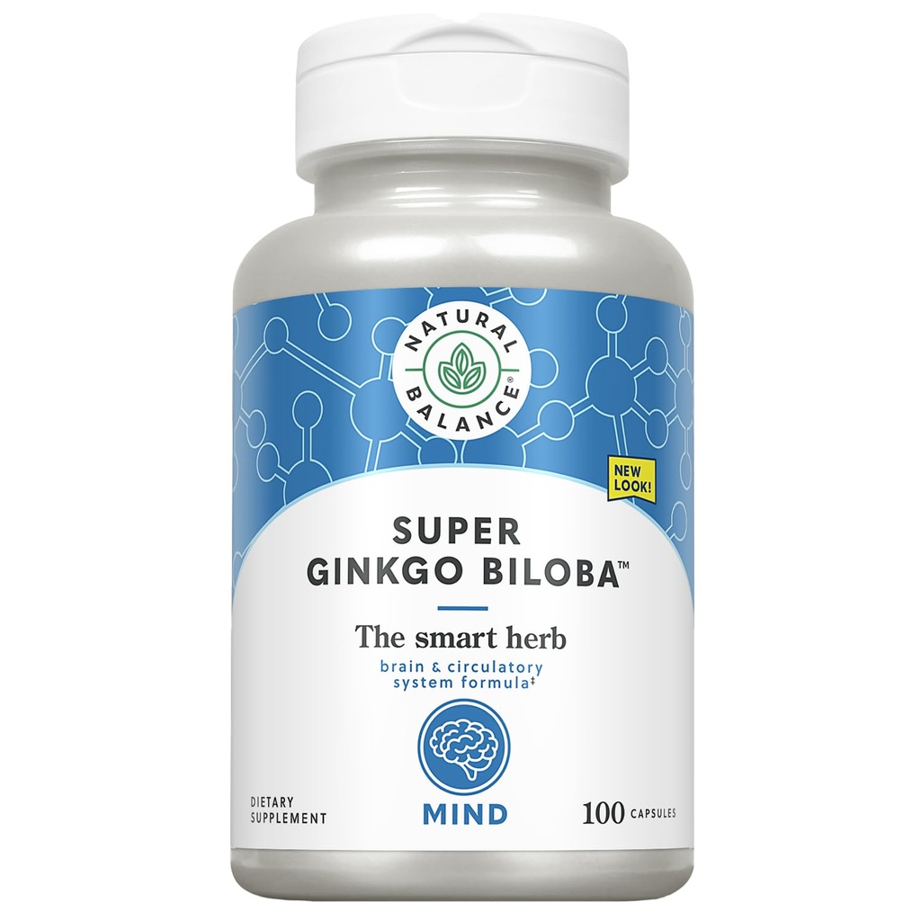 Natural Balance Super Ginkgo Biloba Plus | Brain & Circulation Formel för att hjälpa till att stödja fokus, minne och blodflöde | med Gotu Kola | 100ct, 50 Serv.