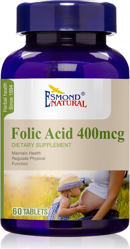 (3 Pack) Esmond Natural: Folic Acid 400mcg (Pregnancy Support, Maintain Health Functions), GMP, Natural Product Assn Certified, Made in USA - 400mcg, 180 tabletter