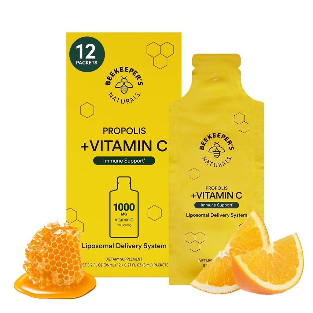 Propolis Liposomal Vitamin C av Beekeepers Naturals, 1000mg Vitamin C, Propolis & Organic Honey, Supercharged Immune Support & Ökad Bioavailibity för Max Absorption, 12 Ct