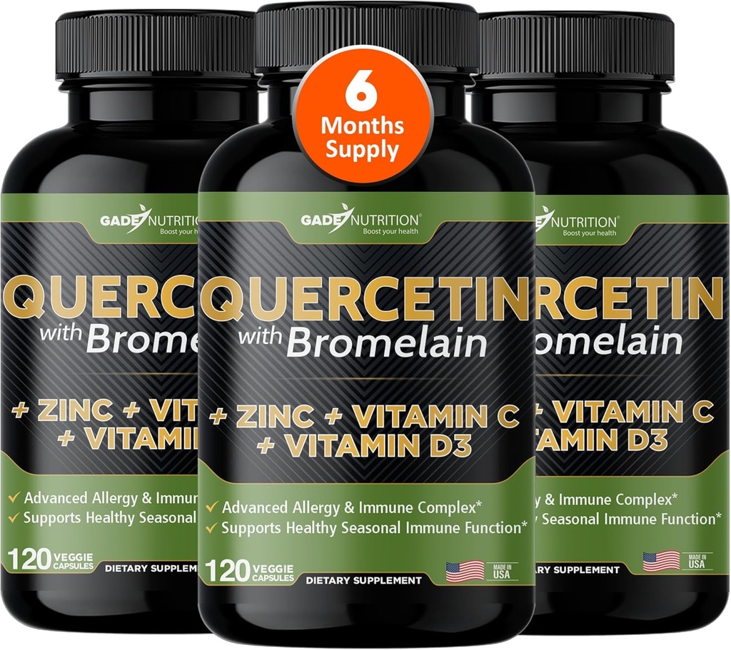 Gade Nutrition Quercetin med vitamin C och Zink - Quercetin 500mg - Quercetin med Bromelain - Zink Quercetin - Quercetin Supplements + Vitamin D3 (Non-GMO, Gluten-Free, Vegan) - 6 månaders leverans