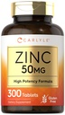 Carlyle Zinc 50mg | 300 tabletter | Vegetarisk, icke-GMO och Gluten fri tillägg | Zink Gluconate | Hög styrka Formel