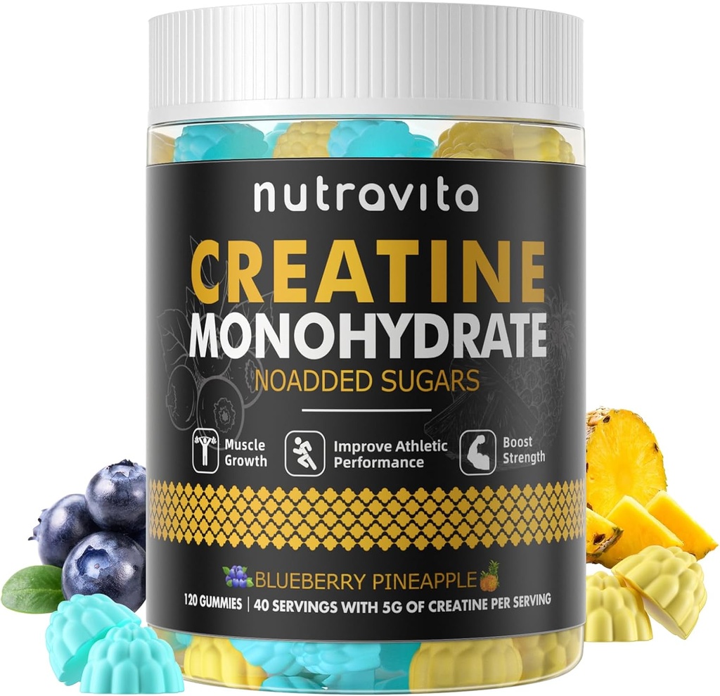 Nutravita Kreatin Monohydrat Gummies för Män & Kvinnor-5g Kreatin Monohydrat per Servering - Sugar Free, Vegan, Blueberry Pineapple smak, 120 Count