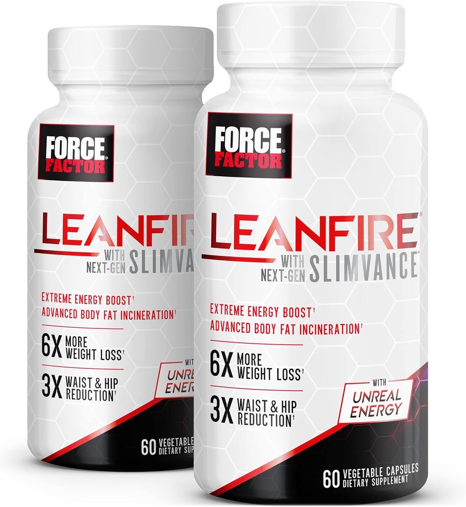 FORCE FACTOR LeanFire med Next-Gen SLIMVANCE, 2-Pack, avancerade energipiller med B-vitaminer och koffein för att öka metabolism, förbättra fokus och förbättra träning och fitness prestanda, 120 kapslar