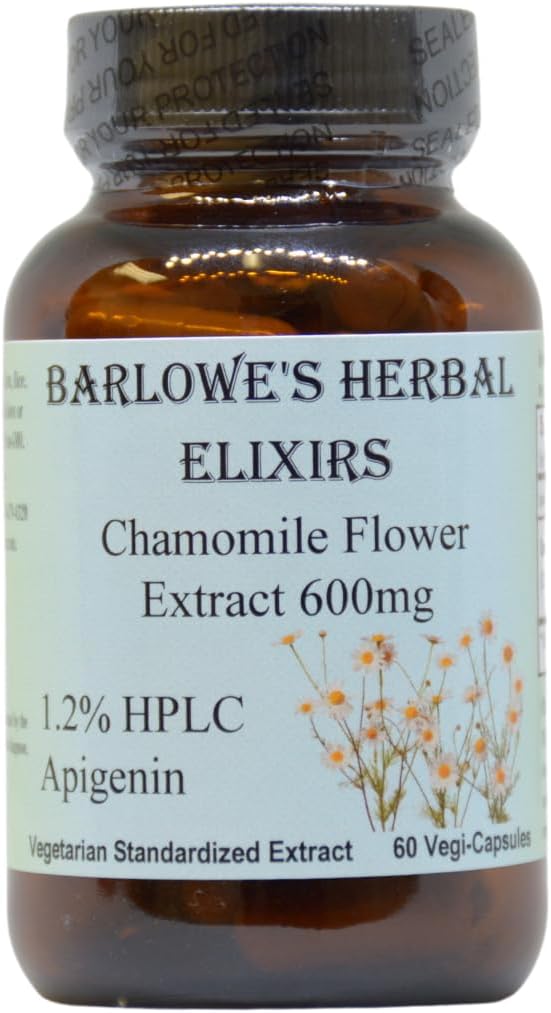 Barlowes Herbal Elixirs Chamomile Flower Extract | German Chamomile Supplement | Matricaria Chamomilla | 1,2% Apigenin | 600 mg per kapsel | 60 Vegi Capsules | Stearate Free | Glasflaskor