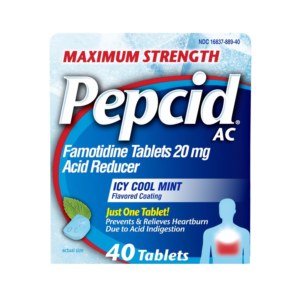 Pepcid AC Maximal Strength Heartburn Relief Tablets, OTC Medicine Prevents & Relieves Heartburn På grund av syra Indigestion & Sour Stomach, 20mg Famotidine Acid Reducer, ICY Cool Mint, 40 ct
