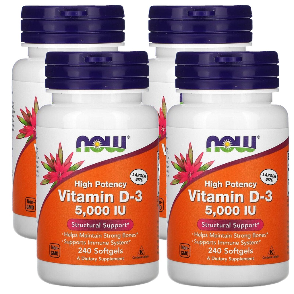 Nu kosttillskott, vitamin D-3 5 000 IE, hög styrka, strukturellt stöd *, 240 Softgels (4 Pack)