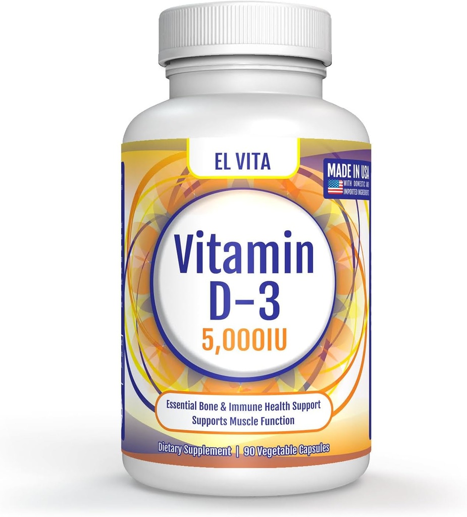 90 Vegetabiliska kapslar Vitamin D. D3 5000IU (125 MCG) High Potency Immune Support Kosttillskott. Hälsosam muskelåterhämtning Avancerad. Icke-GMO Formel