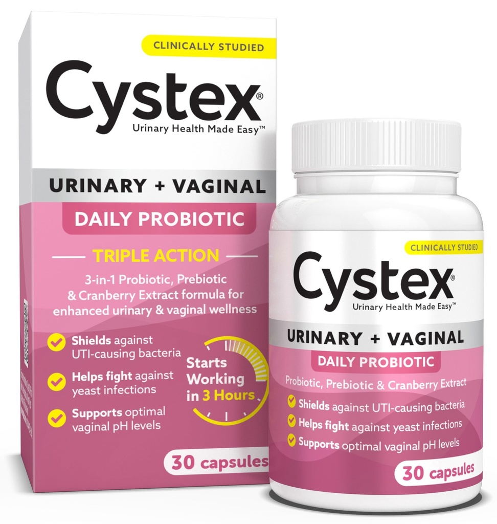 Cystex 3-i-1 Urinary Tract Probiotic för kvinnor - Fast-Acting UTI & Yeast Infection Support med Prebiotika, Probiotika och Cranberry - Stöder Vaginal pH & Flora Balance - 30 kapslar