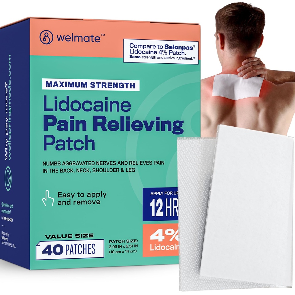 WELMATE Pain Patches Maximum Strength Lidocaine 4% Topical Numbing Analgesic – Lidocaine Patches for Nerve & Back Pain Relief, Sciatica, Neck Muscle Strain, Knee, Shoulder Joint, Hip, Foot (40ct)