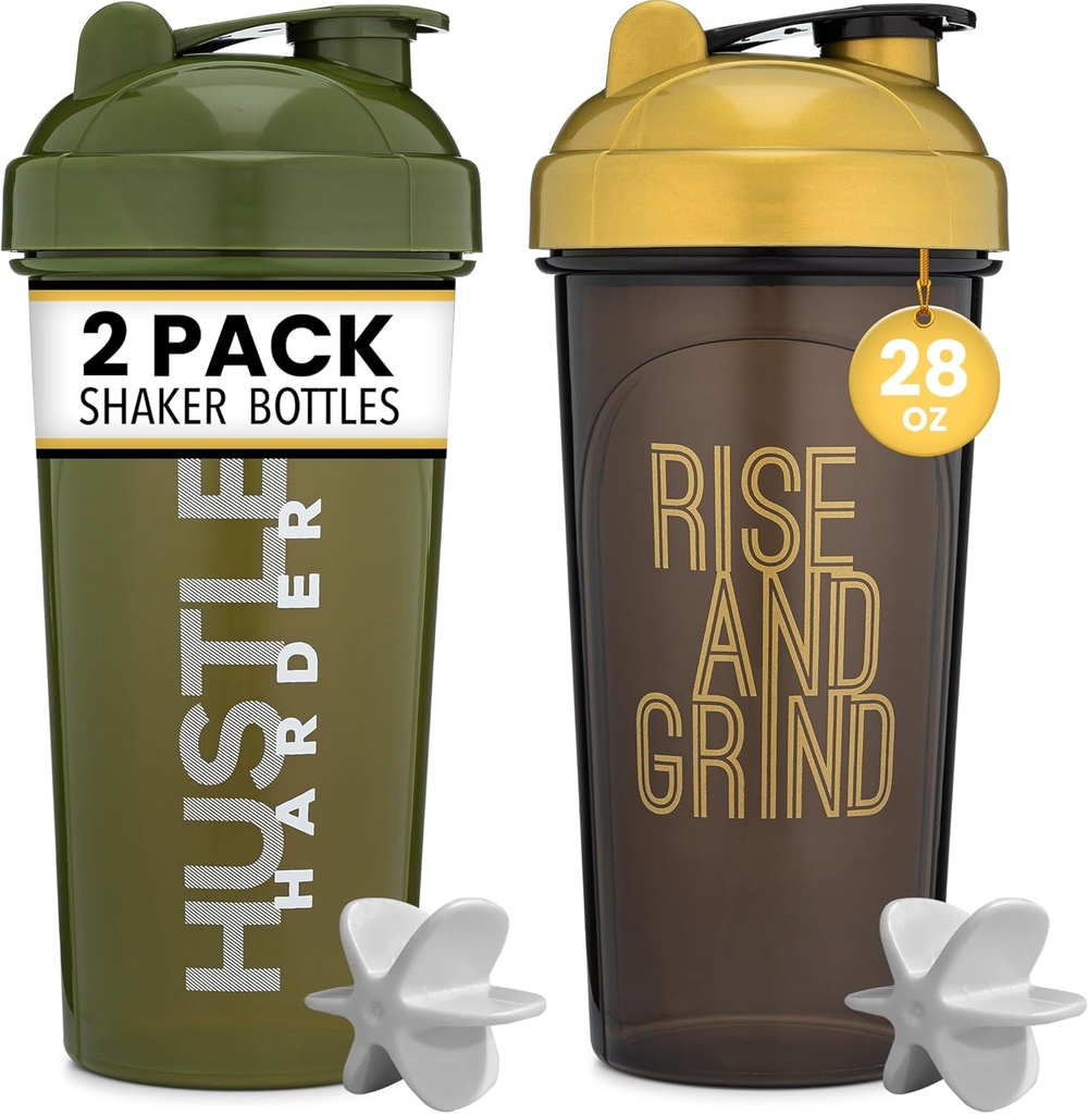 28oz Shaker Bottle med Motivational Quotes (Black/Gold & Moss) | Protein Shaker Bottle med Mixer Agitators | Blender Shaker Bottle för Protein Mixes Pack är BPA Free och Dishwasher Safe