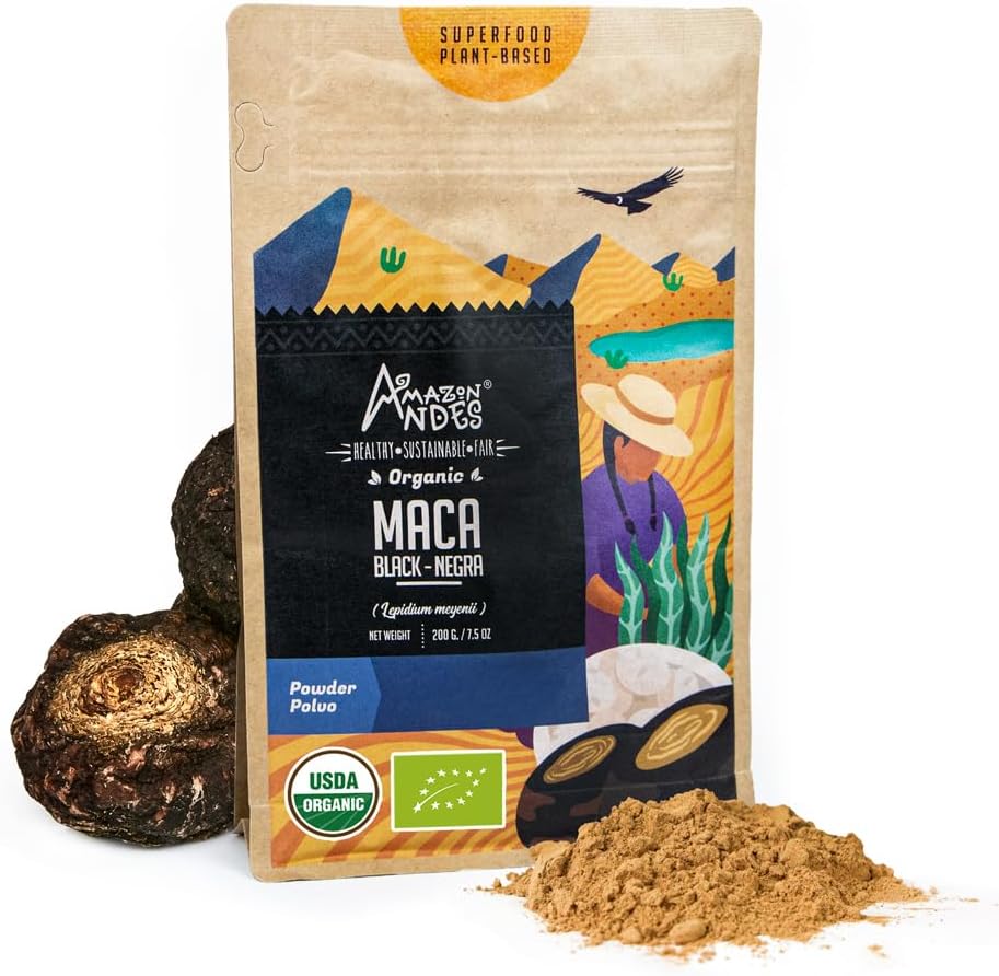 Andes Black Maca Root Powder (Lepidium meyenii) - innehåller kolhydrater och mineraler - Adaptogen superfood & Health Promoter - Gelatinized, Vegan, Non-GMO & Allegen-free - 7 Ounce (40 portioner)