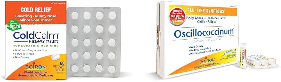 Boiron ColdCalm tabletter för lindring av gemensamma kalla symtom som Sneezing & Oscillococcinum för lättnad från influensaliknande symtom på kroppsvärk, huvudvärk, feber, chiller och trötthet - 12 greve