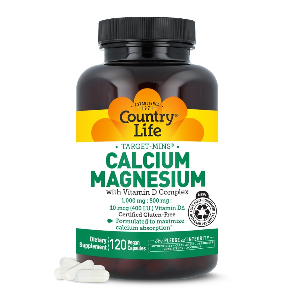 Country Life Target-Mins Calcium Magnesium med vitamin D-Complex, 1000mg/500mg/10mcg, 120 Vegan Capsules, Certified Gluten Free, Certified Vegan, Verified Non-GMO Verified