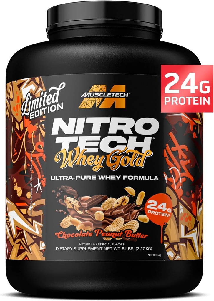 MuscleTech Whey Protein Powder (Chocolate Peanut Butter, 5LB) - Nitro-Tech Whey Protein Isolate Smoothie Mix för Lean Muscle & Fast Recovery - 24g Whey Gold Protein för kvinnor och män - Gluten-Free