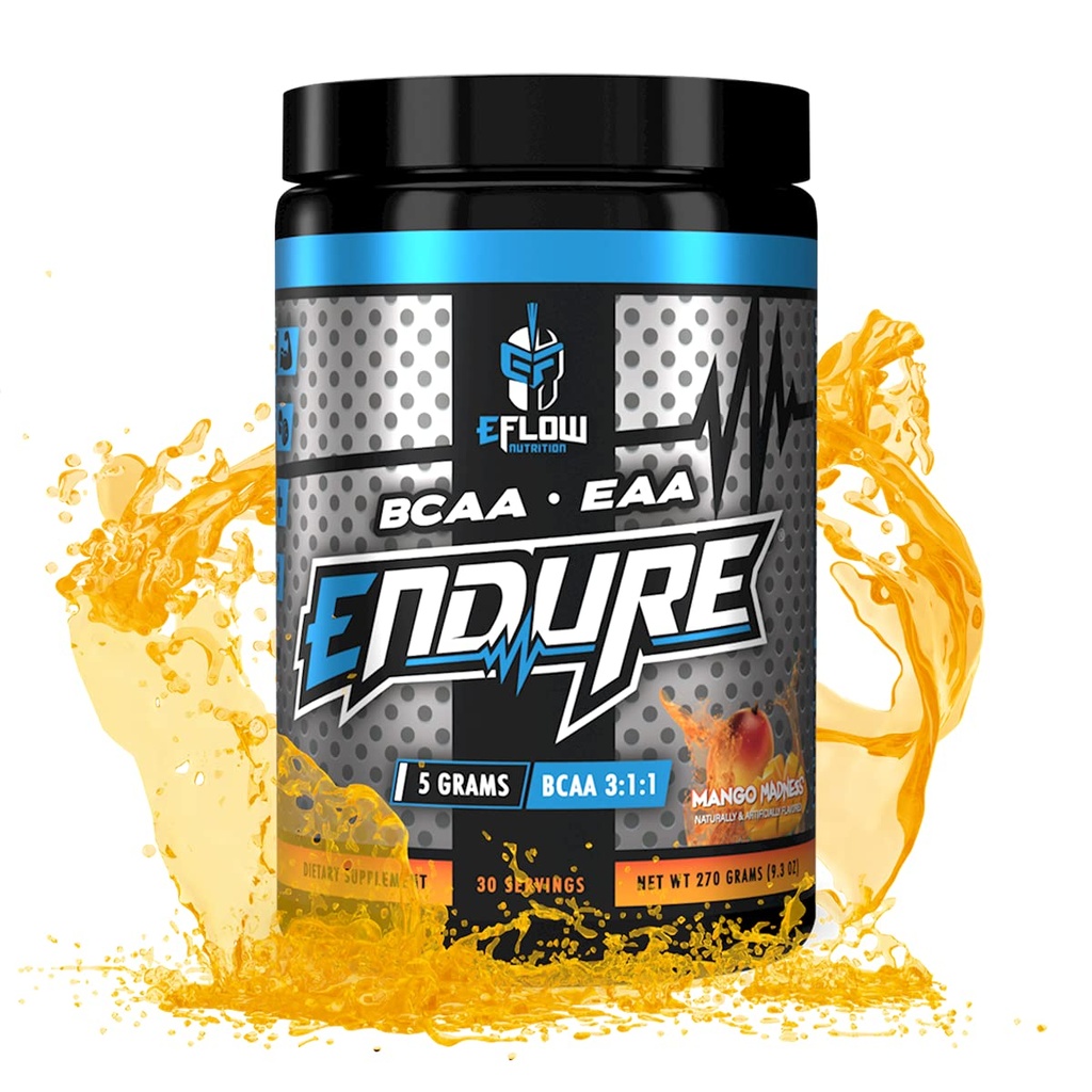 eFlow Nutrition Endure BCAA Plus EAA - Essential Amino Acids Electrolyte Powder Intra Workout - Förbättra energi, återhämtning och prestanda - Mango Madness (30 portioner)