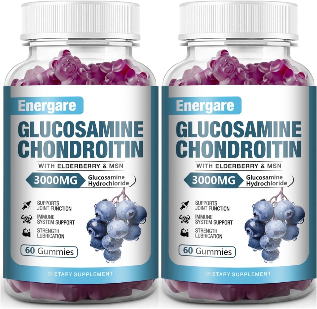 2 Pack 3000mg Glukosamin Chondroitin med MSM Gummies & Elderberry, Extra Strength Joint Support Health, Flexibilitet, Antioxidant, Immun Supplement Gummy för vuxna, Män och kvinnor 120 grejer