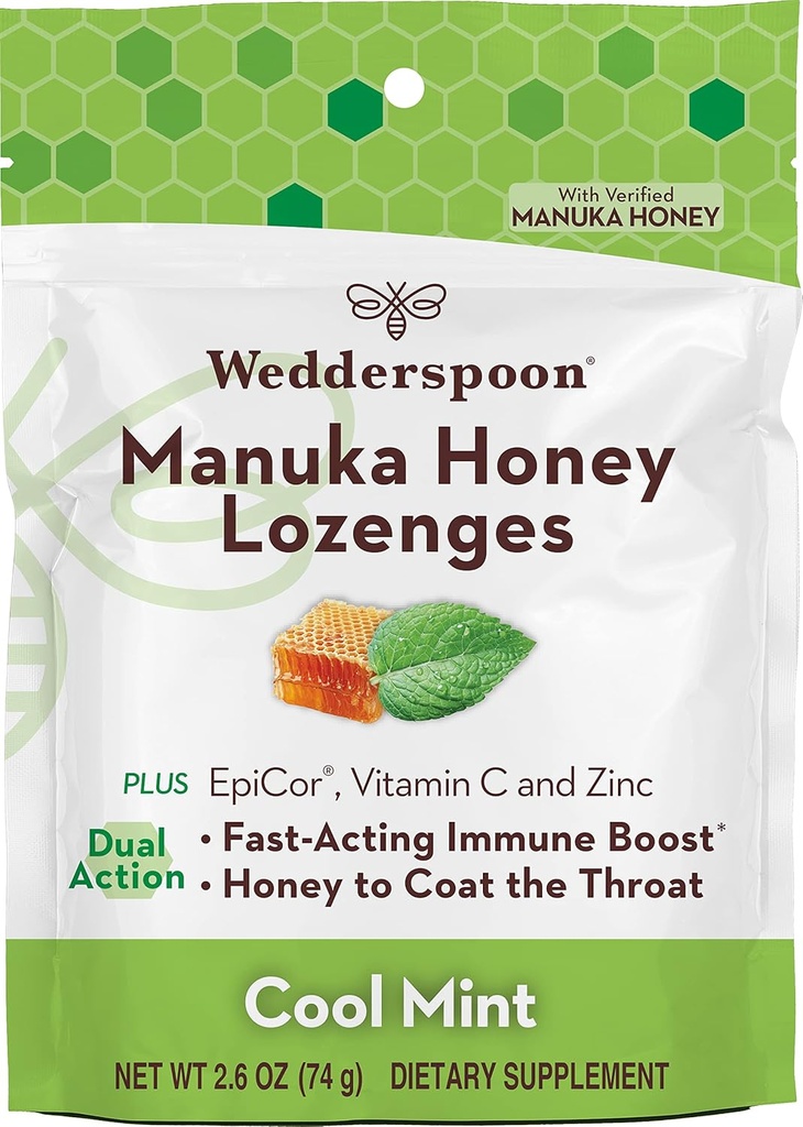 Wedderspoon Manuka Honey Immunity Lozenges, Cool Mint, 2.6 Oz (Pack of 1), Genuine New Zealand Honey, öka immuniteten inom två timmar