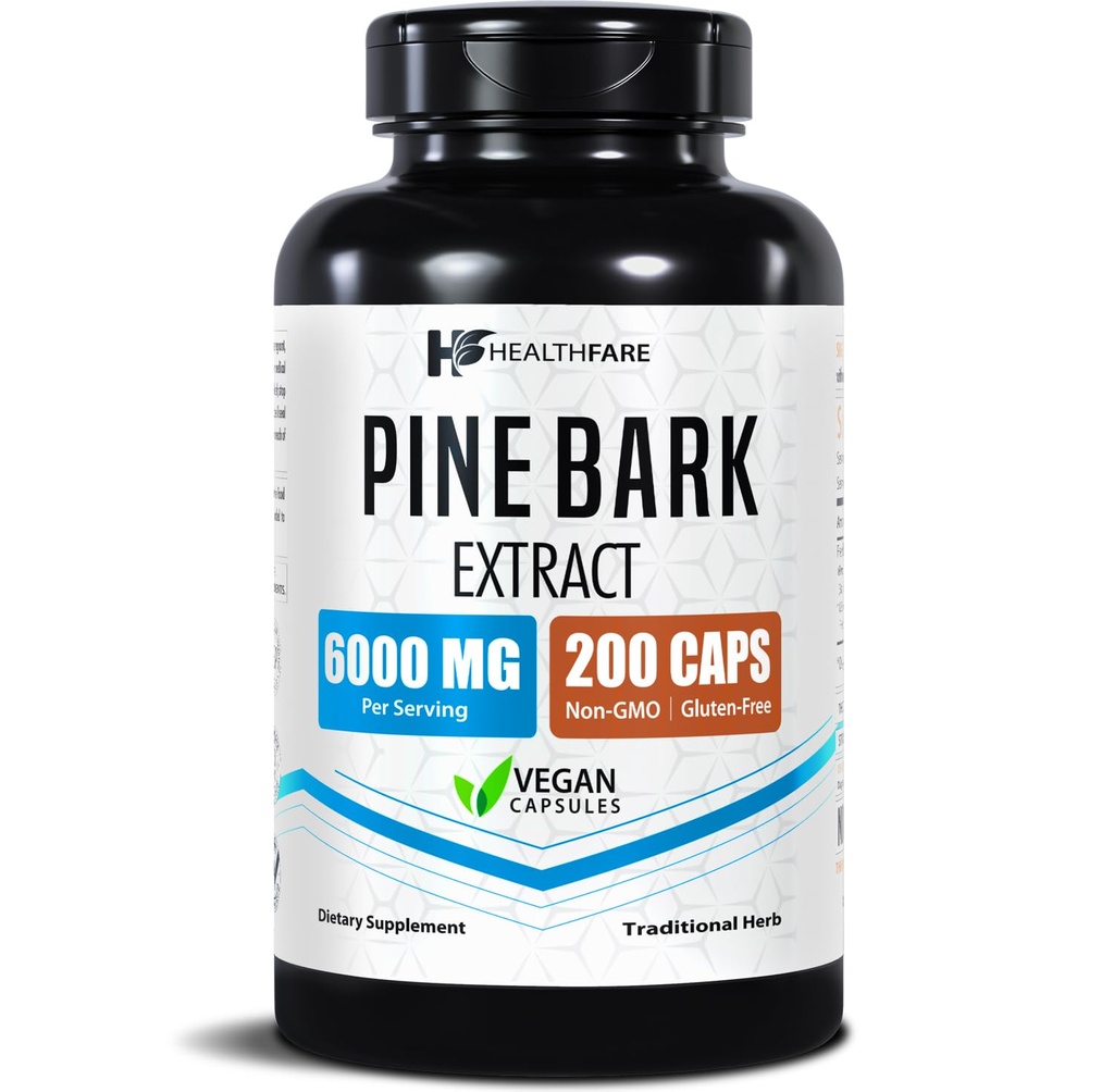 Healthfare Pine Bark Extract 6000mg French Maritime | 200 Vegan Capsules | Standardiserad 95% OPC Proanthocyanidins | Antioxidant Herbal Supplement | Non-GMO, Gluten-Free | Made in USA