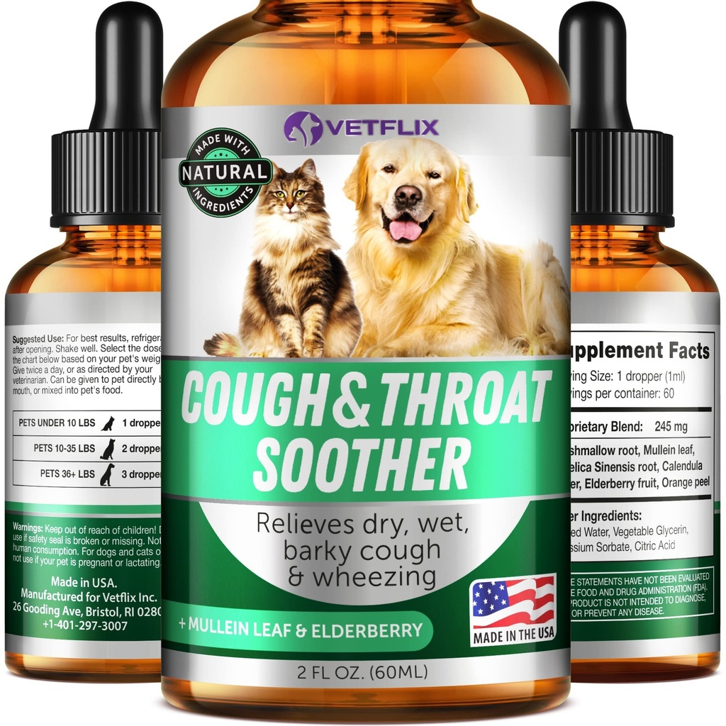 Kennel Cough Behandling för hundar och katter - Tillverkad i USA - Dog Allergy & Cat Asthma Relief - Mullen Leaf & Elderberry Blend - Torr, våt & Barky Cough Relief för hundar & katter - Alla raser & storlekar - 2 Fl Oz