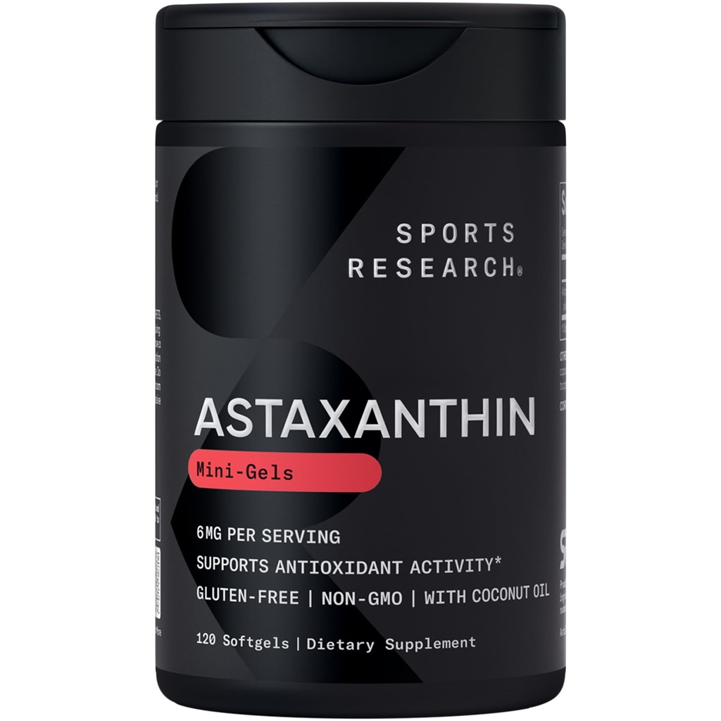 Sportforskning Triple Styrka Astaxanthin Supplement (6mg) med organisk kokosolja för antioxidantaktivitet, hud och ögonhälsa - icke-GMO Verified & Gluten Free - 120 Softgels