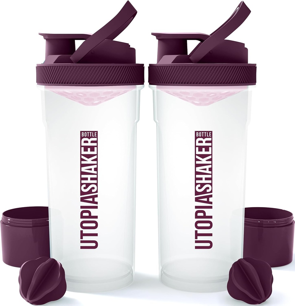 Utopia Home Shaker Bottle 2 Pack - 24 Ounce Plastic Protein eller Cocktail Shaker Bottle för Pre & Post träning med Twist & Lock Protein Box Storage (Clear/Plum)