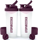 Utopia Home Shaker Bottle 2 Pack - 24 Ounce Plastic Protein eller Cocktail Shaker Bottle för Pre & Post träning med Twist & Lock Protein Box Storage (Clear/Plum)