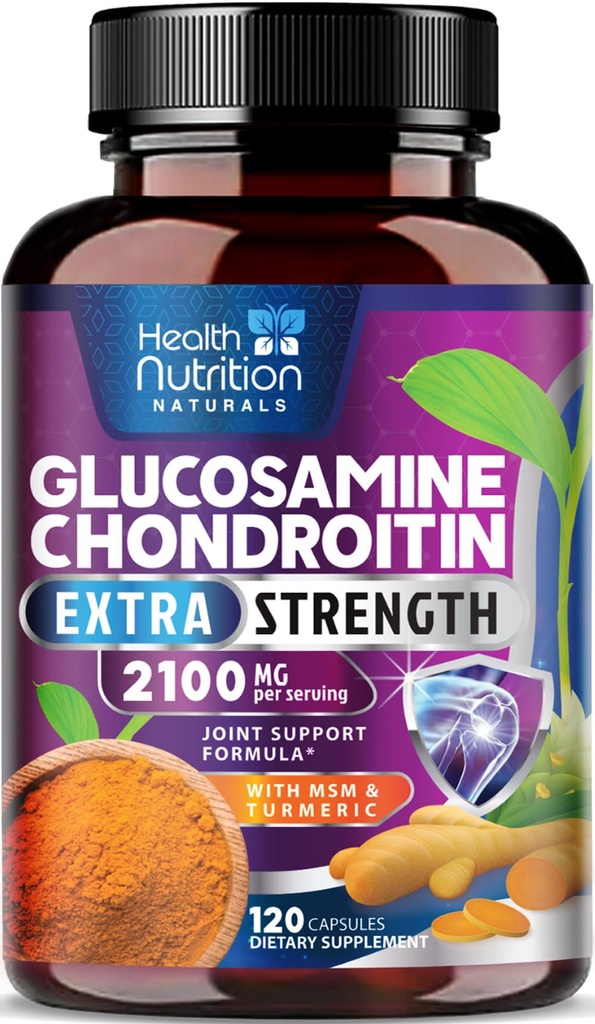Glukosamin Chondroitin 2100mg - 3X Strength Joint Support Supplement med MSM, Glukosamin Sulfat, gurkmeja, Boswellia, Quercetin för brosk, flexibilitet och rörlighet, Bottled i USA, 120 kapslar