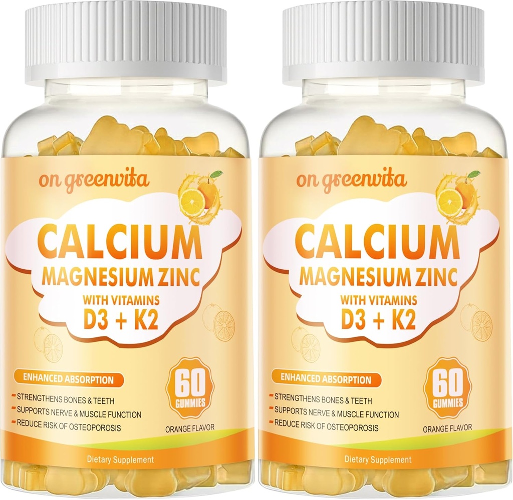 Kalcium Magnesium Zink Gummies med vitamin D3 & K2 - Hög styrka förbättrad absorption -120 Orange Gummies smaksatt