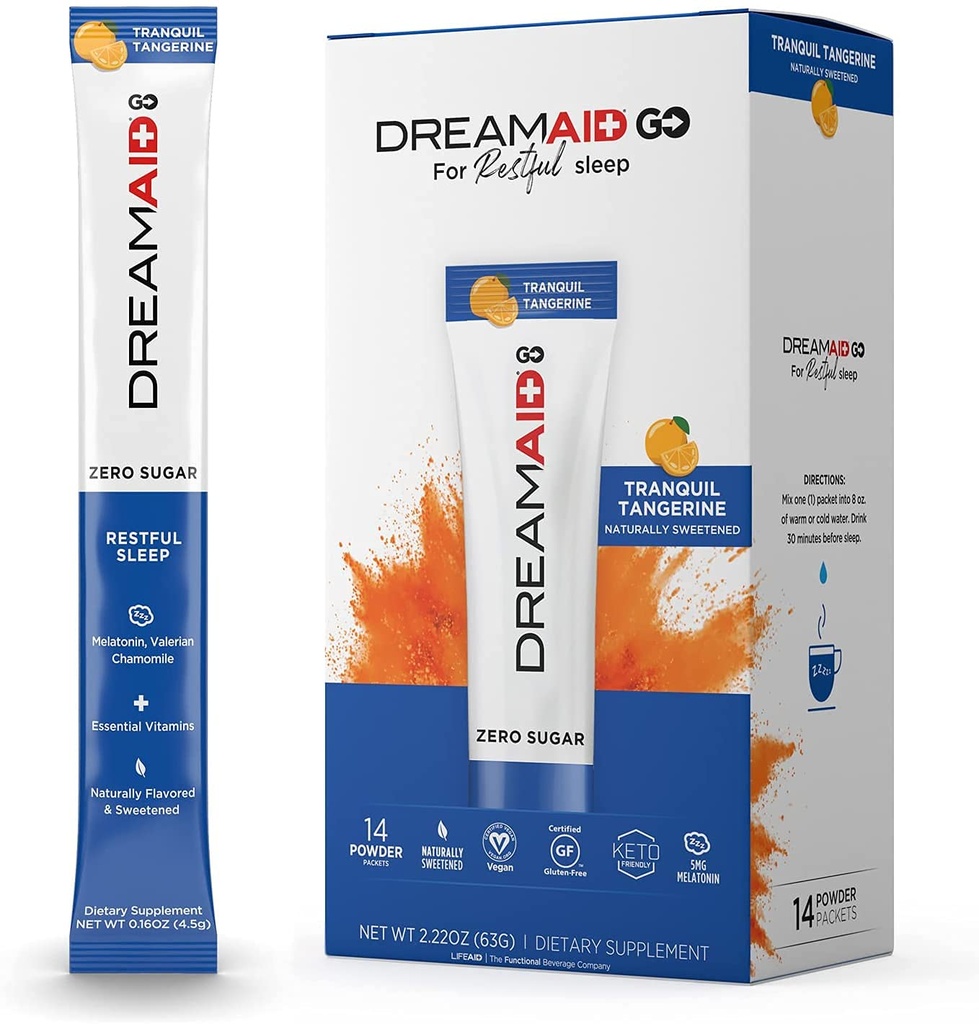 Sleep Aid Drink Mix, DreamAid, Melatonin, Chamomile - hjälper vuxna att sova snabbare, sova längre och vakna känner sig föryngrad, Zero Sugar & Keto Friendly, 14 portioner (Pack av 1)