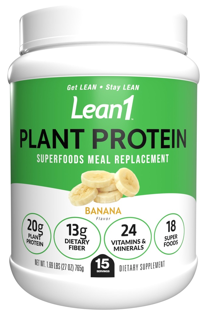 Lean1 Plant-Based Protein Powder, Meal Replacement, Banana Flavor, 15 Serving