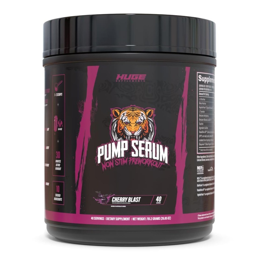 Stora kosttillskott Pump Serum, Stim Free Pre Workout och Nitric Oxide Booster för att förbättra fokus, pumpar, Fulness med ingen koffein, L-Citrulline, GlycerPump, L-Tyrosine, Nitrosigine (Cherry Blast)