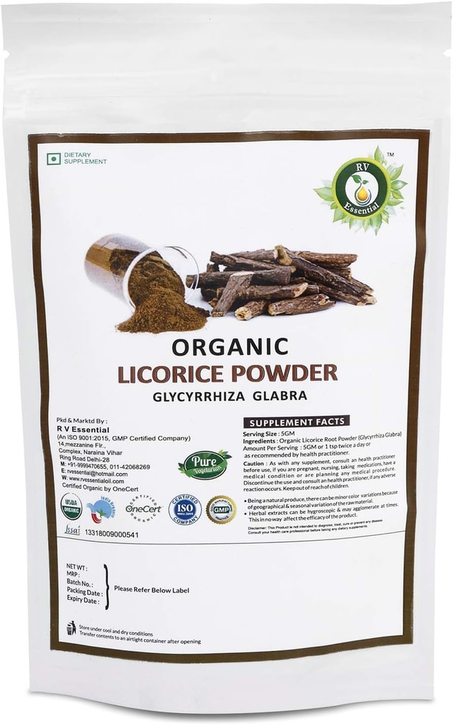 R V Essential Organic Licorice Powder 100gm/ 3.53oz/ 0.22lb Glycyrrhiza Glabra Licorice Root Powder Mulethi Powder Yastimadu Powder Liquorice Powder USDA Organic Certified Supplement in Zip Lock Pouch
