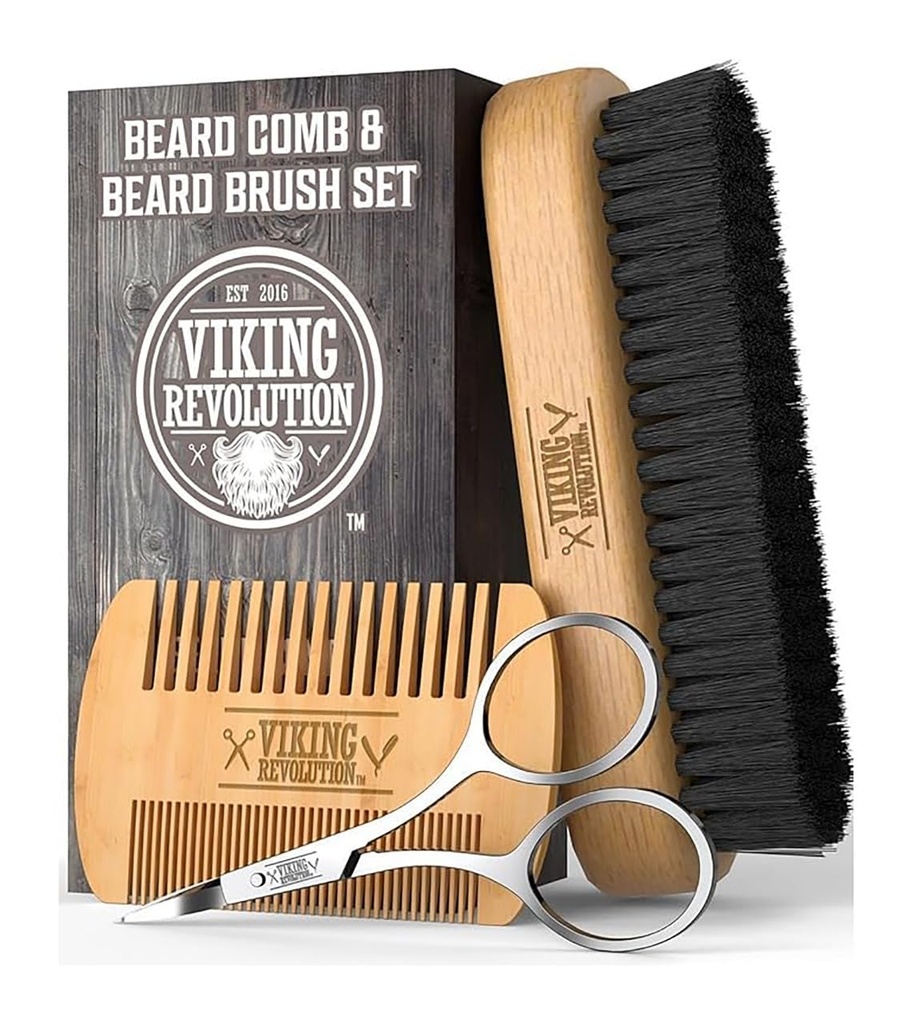Viking Revolution Beard Comb & Beard Brush Set för män - Natural Boar Bristle Brush och Dual Action Pear Wood Comb w / Valvet Travel Pouch - Bra för grooming skägg och mustascher