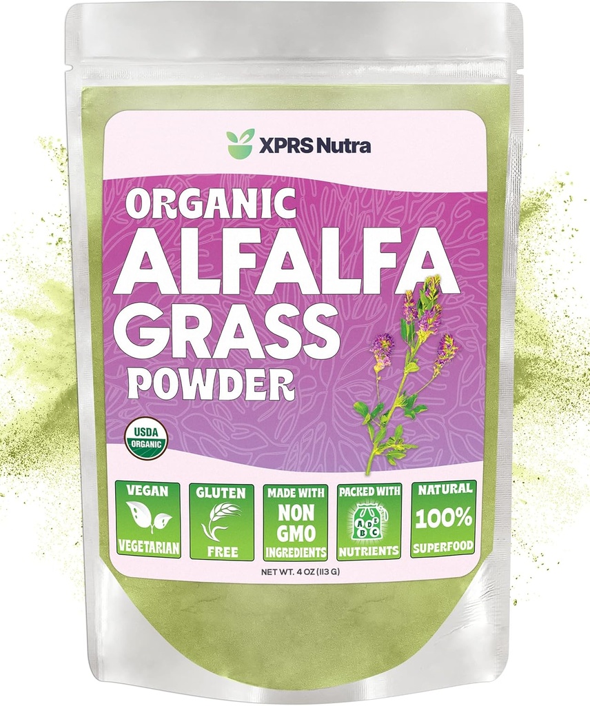 XPRS Nutra Organic Alfalfa Powder - Premium Vegan Supplement Rich i kalcium, antioxidanter, vitaminer - Farmer Alfalfa Supplement för barn och vuxna - Vegan Friendly Healthy Leaf (4 Ounce)