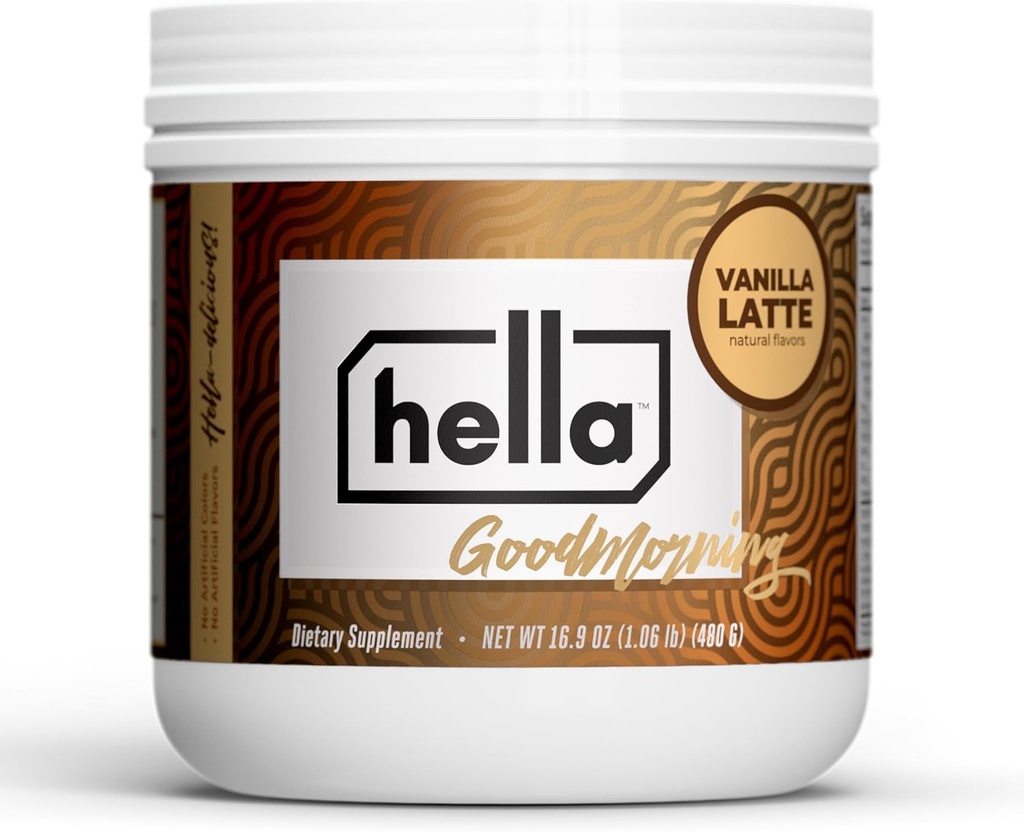 Hella Nutrition Goodmorning Coffee Alternative Natural Caffeine med Mushroom Coffee Substitute | Protein, Collagen, Vitamins B-12 & D, Electrolytes, & Minerals | Non GMO (20 Servings, Vanilla Latte)