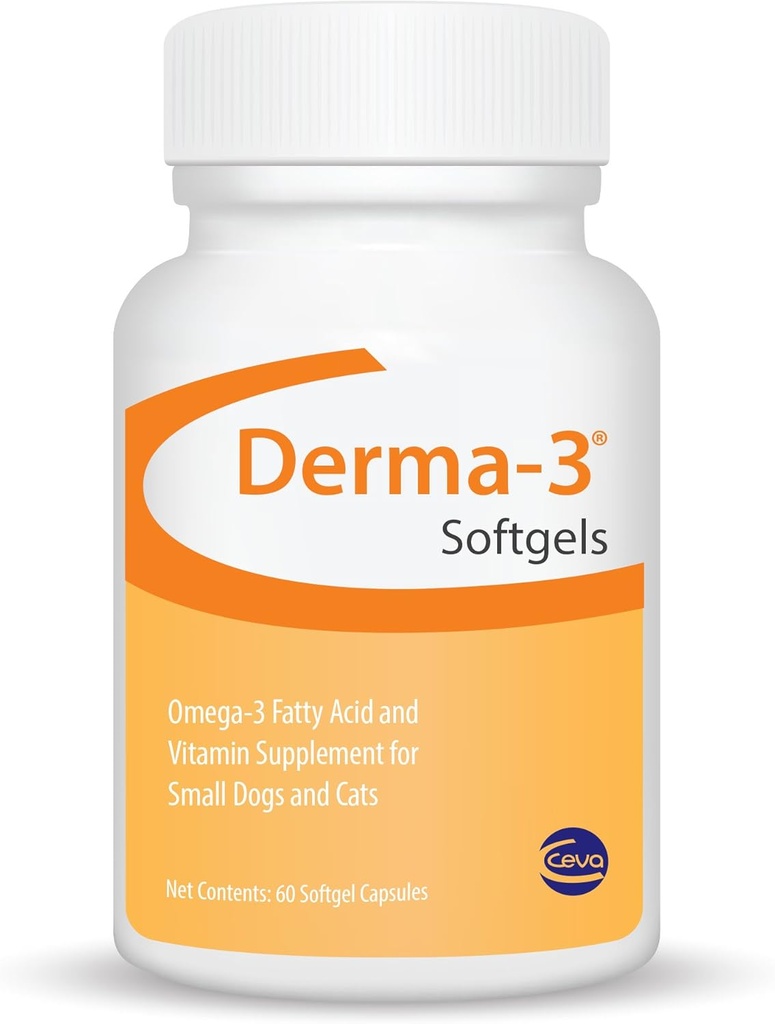 Ceva Derma-3 Softgels, Omega-3 Fatty Acid & Vitamin Supplement för små hundar + katter (60 greve)