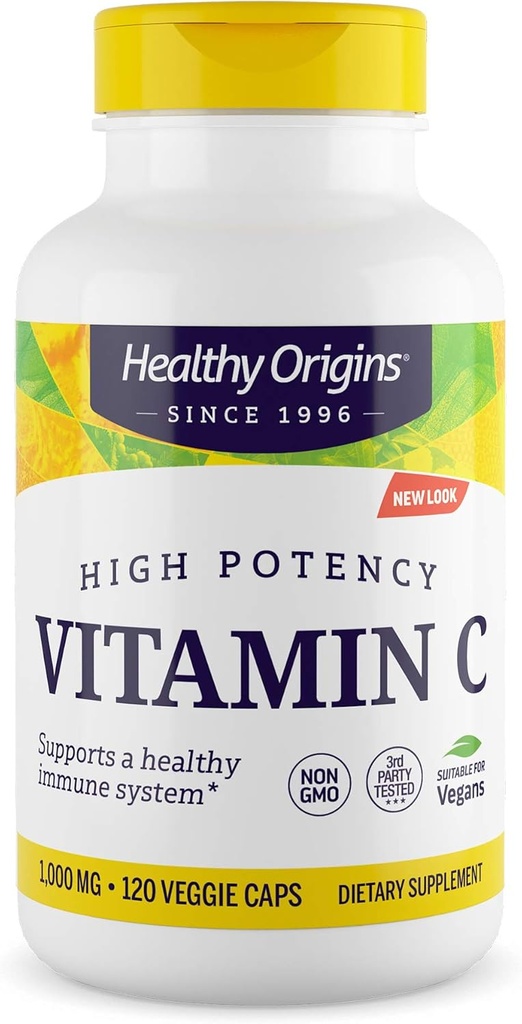 Hälsosamma ursprungs vitamin C 1000 mg (icke-GMO Testad, hög styrka, immunstöd, Vegan), 120 Veggie Caps