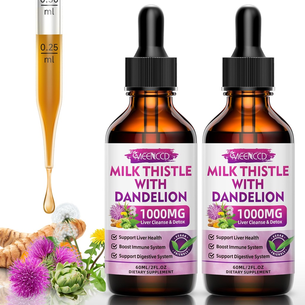 2 Pack Milk Thistle Liquid Drops - Liver Cleanse Detox & Repair - 1000mg Milk Thistle Supplement för Liver Support, Silymarin Liver Supplement för Liver Health, Vegan, Non-GMO, 4 Fl Oz