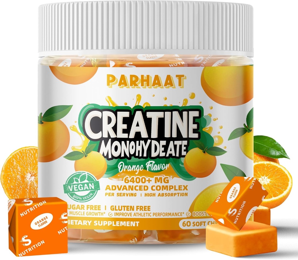 Kreatinmonohydrat Chews Komplex 6400mg för män och kvinnor -Avancerad Formel W/L-Taurin + Vitamin B12, Sugar Gratis Tuggbart Supplement,60 Orange Softchews