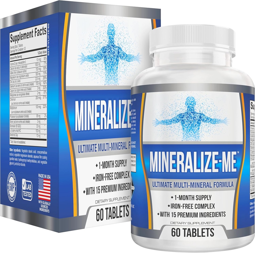 Multi-Mineral Supplement (15-i-1) Iron Free Formula | Multimineraler med hög styrka | Essential Trace Minerals | Multiminerala tillägg | 60 tabletter