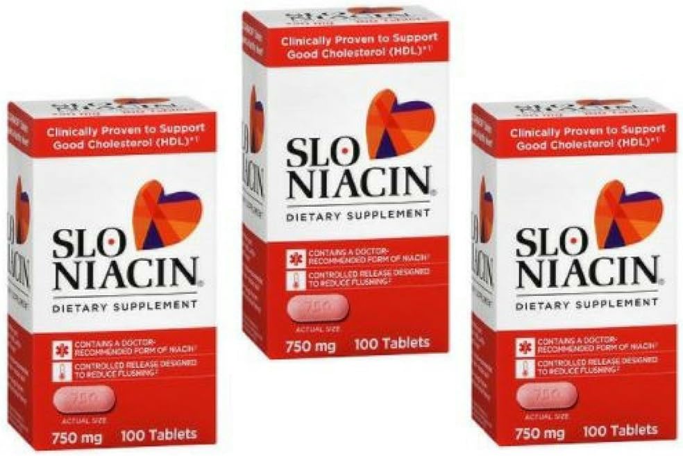 SLO-NIACIN Dietary Supplement En gång dagligen med 750 mg Niacin Vitamin B från Nicotinic Acid för hög absorption 100 tabletter per flaska 3 pack