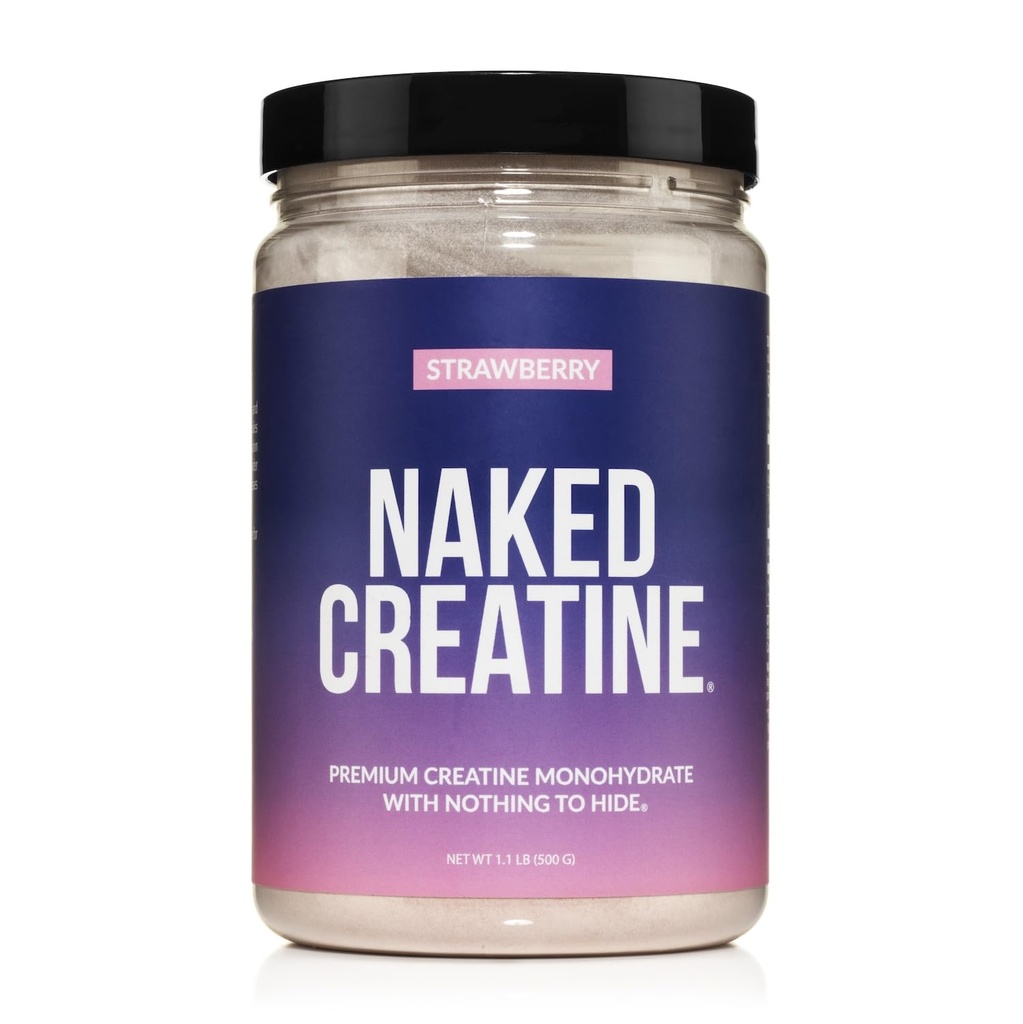NAKED Kreatin - Strawberry smaksatt kreatinmonohydrat - Verklig jordgubbspulver, inga tillsatser, muskeltillväxt, Vegan, icke-GMO, Glutenfri, sojafri - 45 portioner