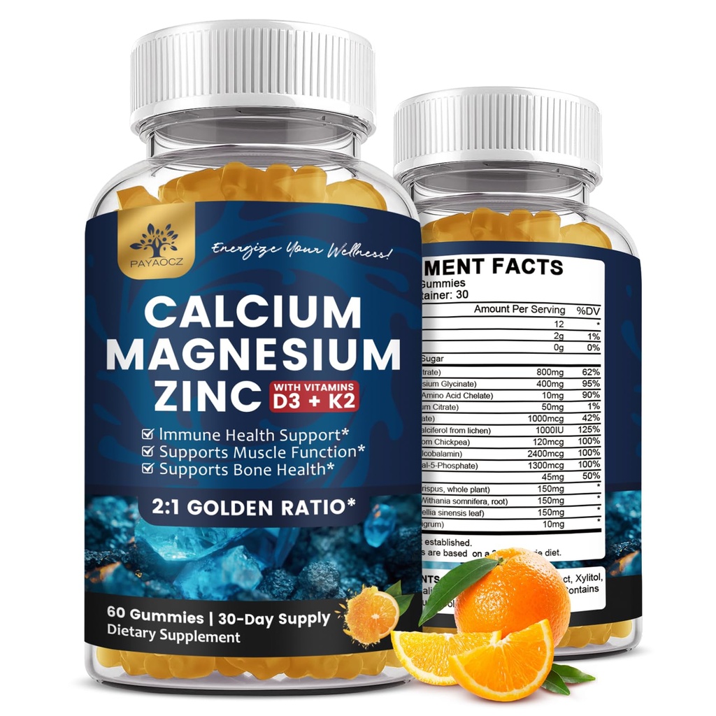 (2 Pack) Kalcium Magnesium Zink Gummies med vitamin D3, K2, B12 & B6 för vuxna, Sugar Free Magnesium Glycinate med kalium Sea Moss Supplement, Calcium Citrate för ben humör & Sleep Support